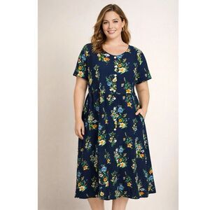 The Vermont Country Store Blue Midnight Garden Button Front Dress Women Plus 3X